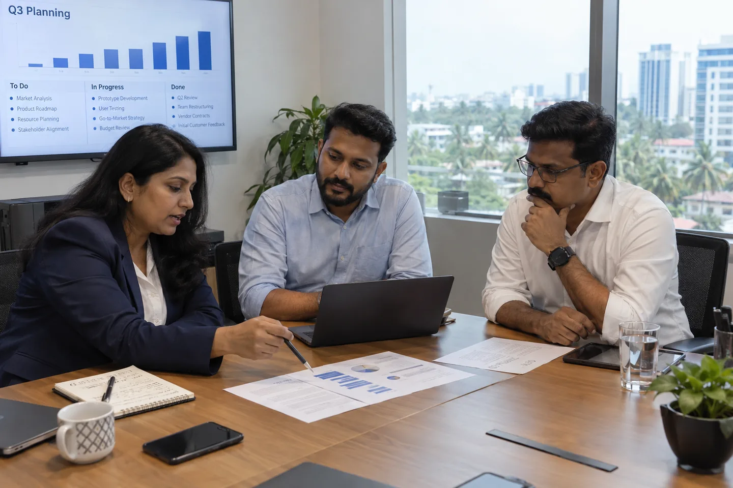 Kerala business team reviewing priorities and delivery plans in a contemporary office.