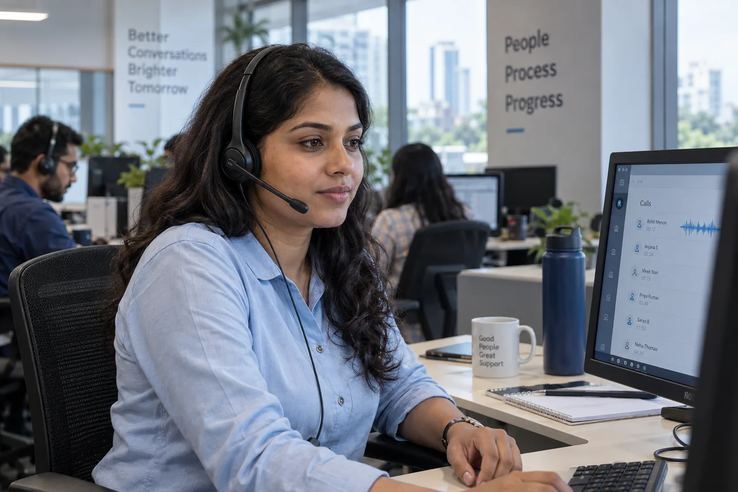Kerala customer operations professional using a headset beside a call activity display.
